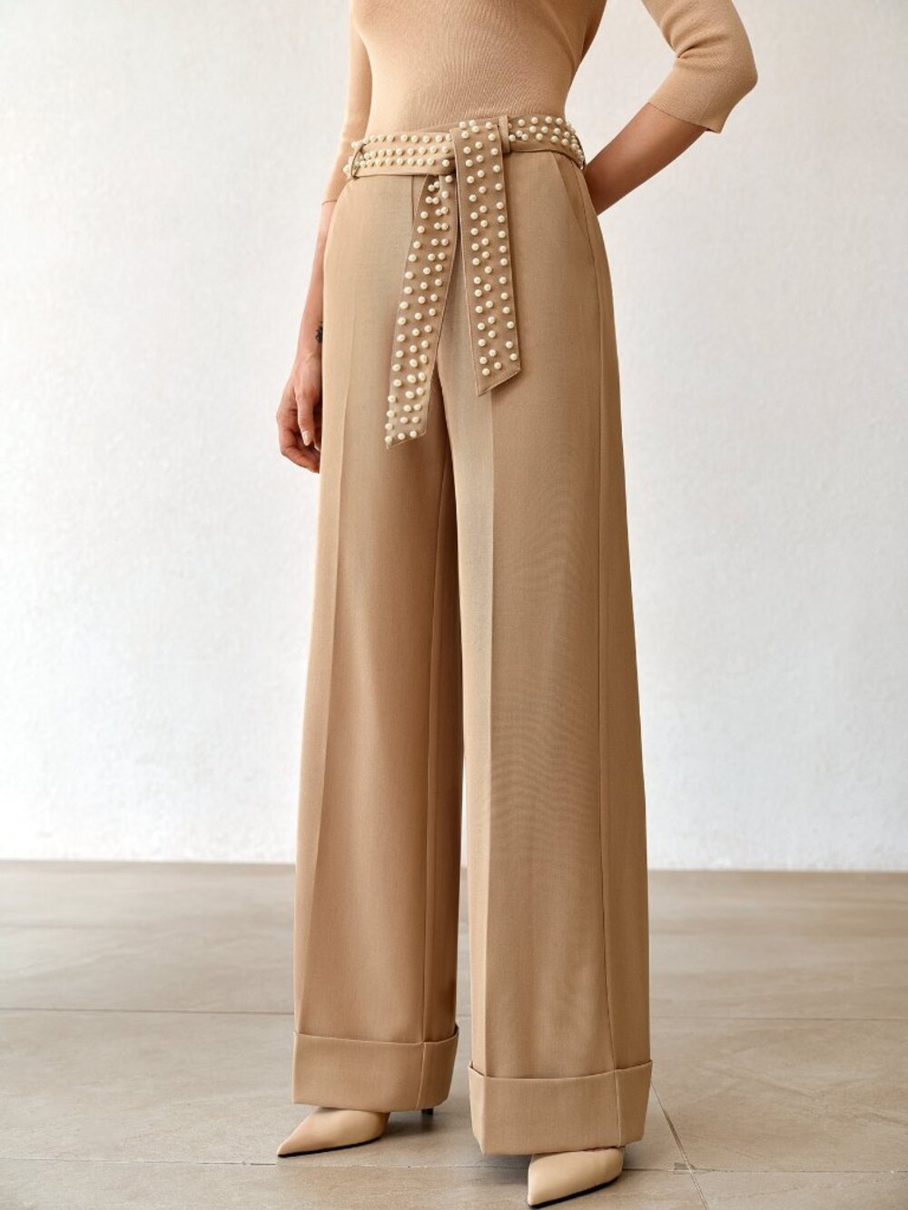 Khaki Elegant Women's Loose Cuffed Hem Straight Leg Wide Leg Pants